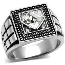Men's Ring, Clear Top Grade Crystal, Stainless Steel, Statement, Bold Ring