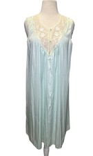 VTG LORRAINE Nightgown Medium Mint Green Nylon Lace Flower Tulip Pearl Buttons