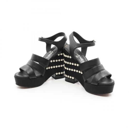CHANEL Coco Mark Pearl Sandals Shoes Leather Black Used - Picture 3 of 10