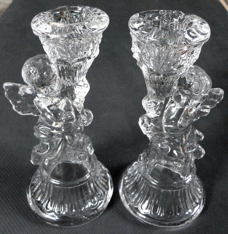 Vintage Selenium Clear Depression Glass Cherub Candlestick 6-3/4"