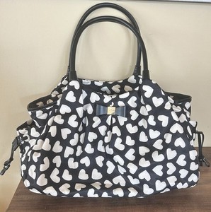 New Kate Spade Stevie Baby Diaper Bag Black & White Heart Pattern Changing Pad