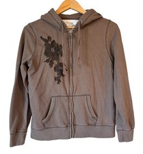 Brown Hooded Embroidered Zipper 2 Pockets 100 Cotton Jacket M Sonoma Y2K