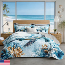 Uevbf Coastal Bedding Quilt Sets Twin Sizesummer Blue Sea Turtles Jellyfish