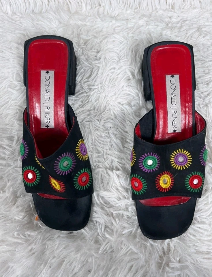 Sandalia De Colección Donald Pliner Arco Iris Espejo Bordado Boho Tacón Bloque Para Mujer Talla 8M Foto 2 de 4