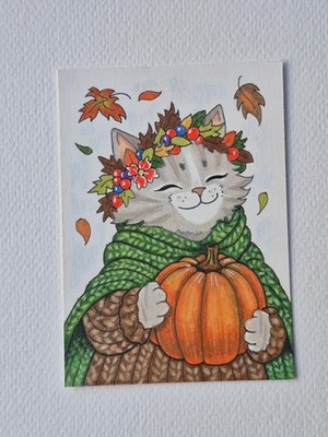 Original Cat ACEO RPG Fantasy Season9 Autumn Art Color Pencil OOAK Hand drawn