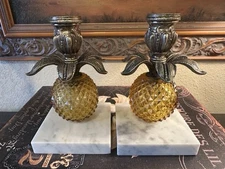 MCM/Mid Century Candleholders-Amber Glass Pineapples/Marble Base/Beautiful/NICE