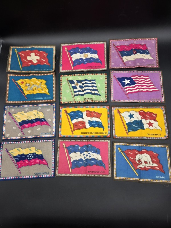 Lot of 12 Antique Tobacco Silks (c. 1910) National Flags Series Rare Qing China
