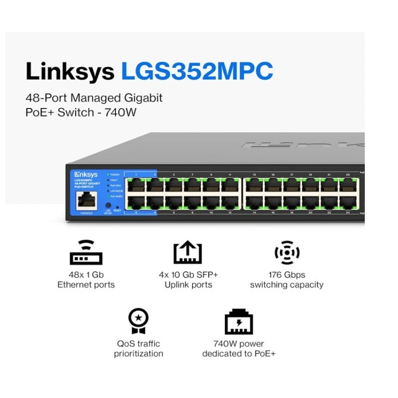 SEALED BOX Linksys LGS352MPC 48 Port Gigabit Network Switch PoE+  10G Uplink SFP - Image 2 of 4