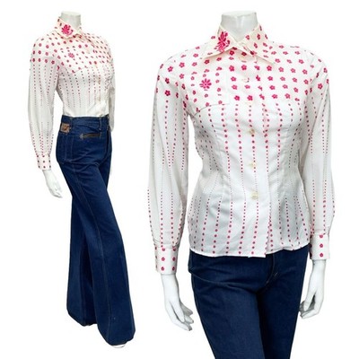 VINTAGE 60ER 70ER JAHRE WEISS ROSA MOD DOLCHKRAGEN BLUMEN OP ART HEMD 6 XS