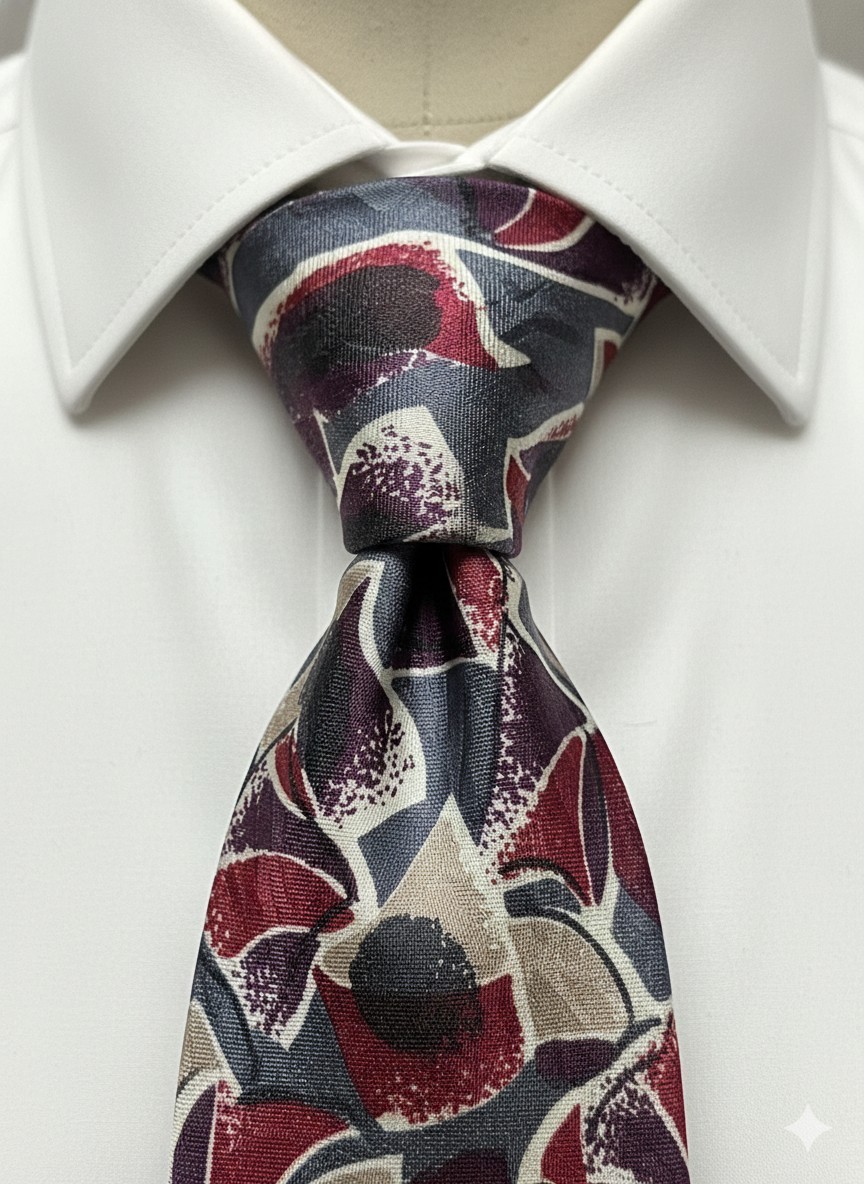 Vintage Oleg Cassini Silk Necktie Abstract Retro Art Deco Style Burgundy Grey