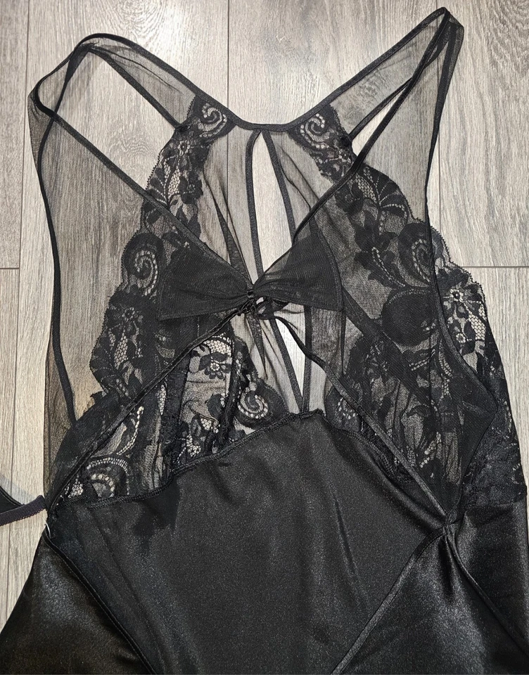 Conjunto de lencería babydoll de encaje transparente satinado Intimate Attitudes vintage negro 2X Foto 4 de 4