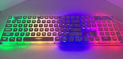 Rainbow LED Light Up Gaming Membrane Wired Keyboard White and Metal Glow Langtu 