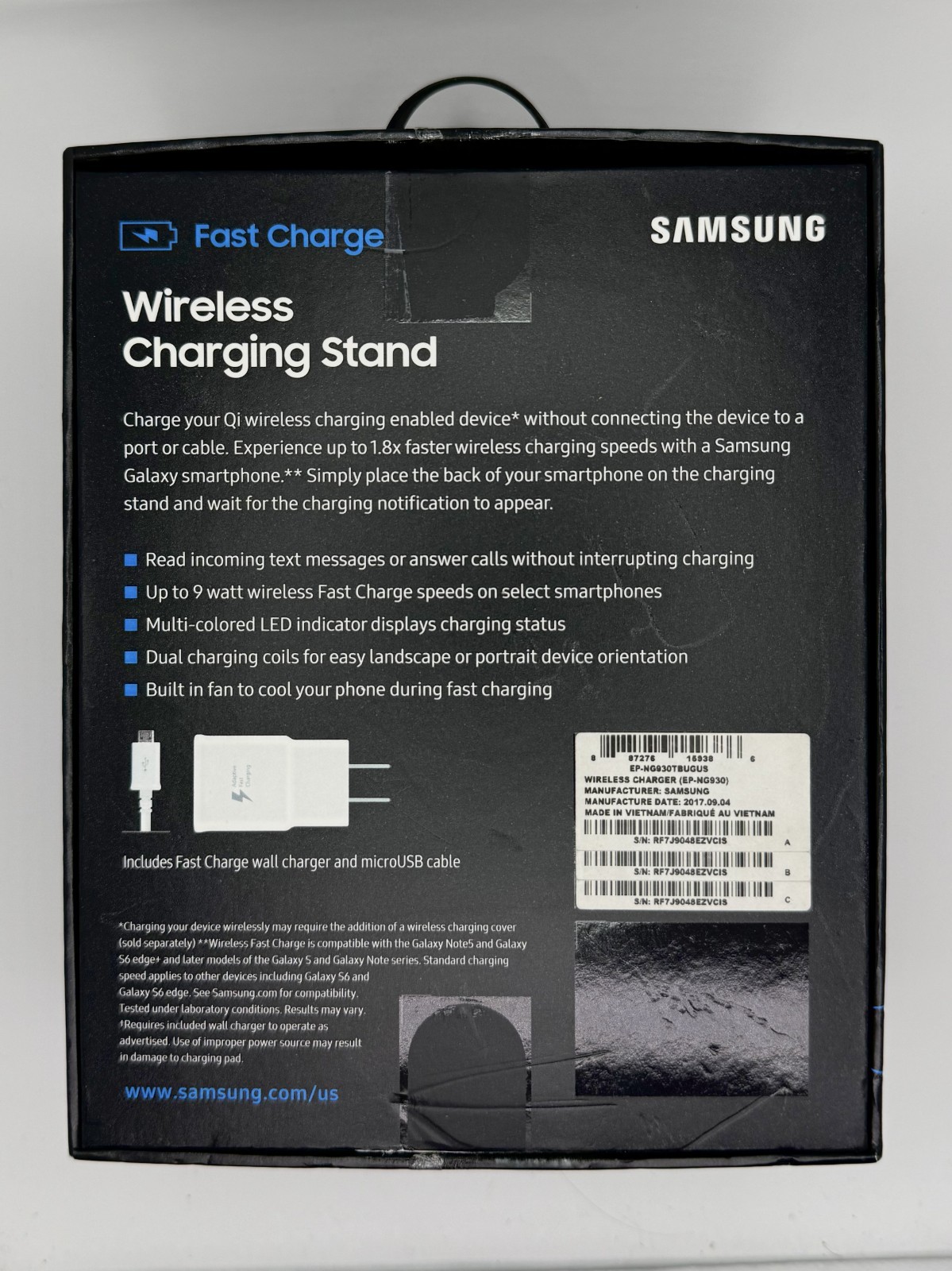 Samsung EP-NG930 QI Fast Wireless Charging Stand Black, Charger Pad, & USB Cable