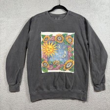 Boho Moon Sun Mystical Sweatshirt M Sunflower Graphic Washed Gray Hippie Artsy