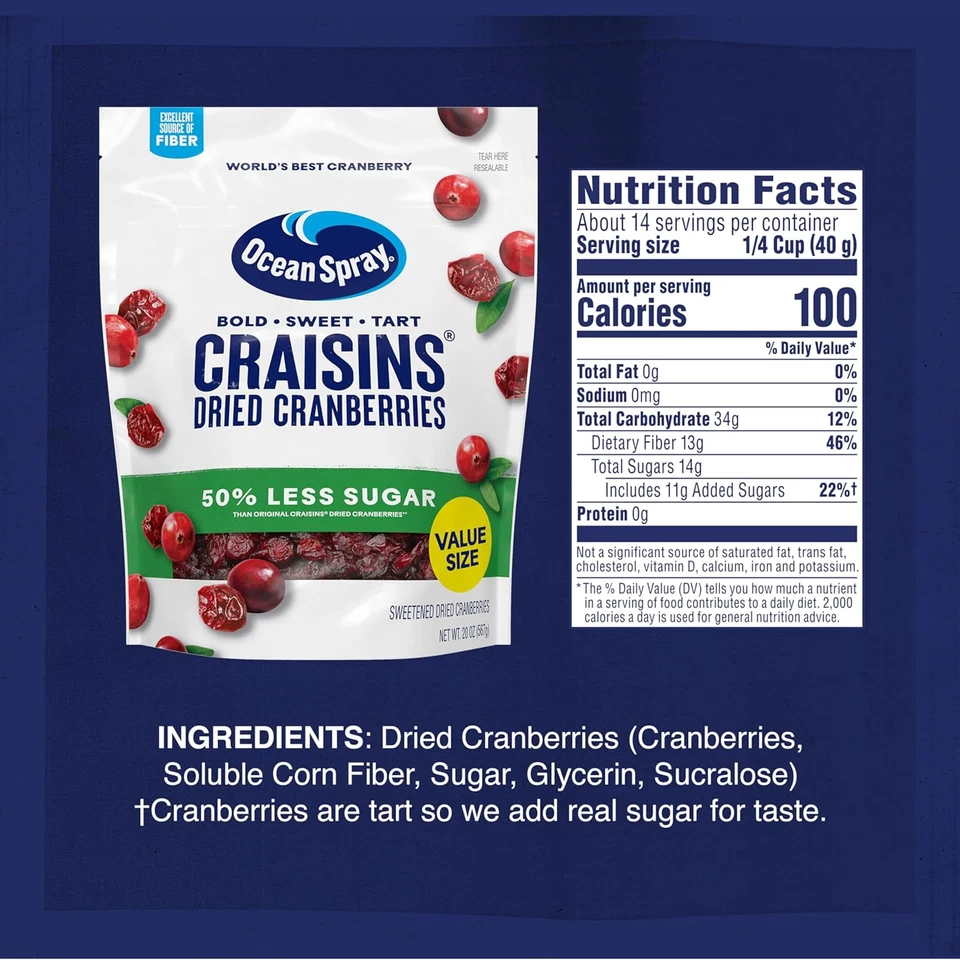 Ocean Spray® Craisins®, 50% Less Sugar Dried Cranberries, Dried Fruit, 20 Oz Pou - Image 2 of 4