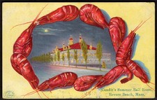 USA REVERE BEACH Mass. Postcard 1910s Embossed Condit's Ballroom Shrimp Border