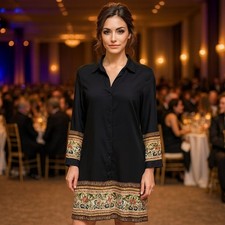 Johnny Was Silk Shirt Dress Women Long Sleeve Black Cocktail Party Short S