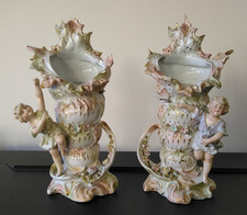 Pair of Volkstedt Style Rococo Shell Form Figural Vases, c. 1900 - 26 cm Tall