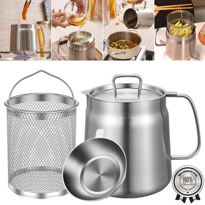 68oz/2L 304 Stainless Steel Deep Fryer Pot Basket Strainer Oil Filter Bacon