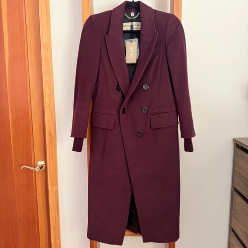 Burberry Cairndale trench cappotto cashmere maglia orlo donna US0 UK2 vino $2895