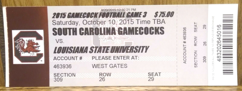 South Carolina Gamecocks Football vs. LSU Tigers 10-10-2015 Used Ticket Stub - Picture 1 of 2