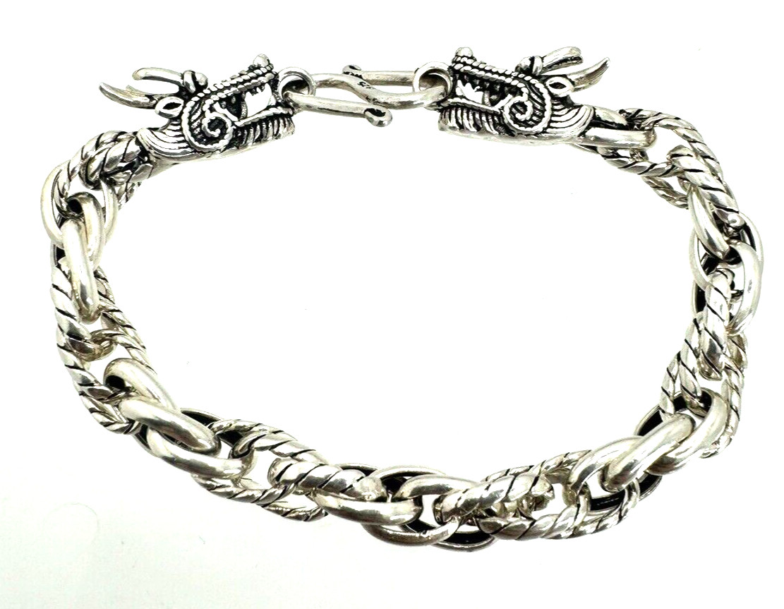 Solid Sterling Silver Oval Link Double Dragon Hea… - image 1