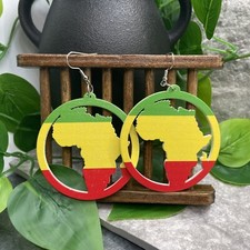 2  Silver-tone Earring Set Boho Retro Wood Dangle Juneteenth African A1413