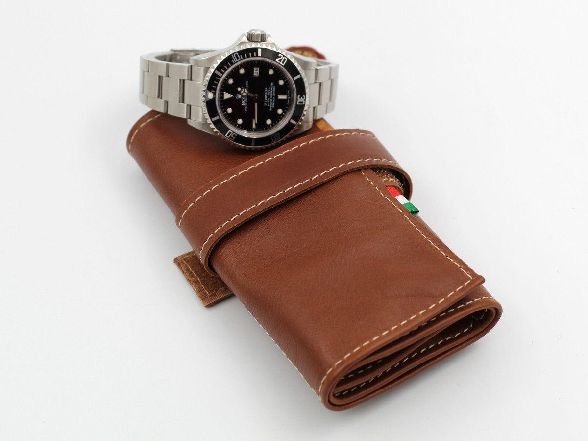 Watch Roll Smooth Brown Cognac Leather Slots Soft Handmade New