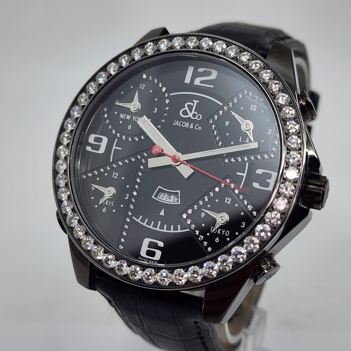 Jacob & Co 5 Time Zone 5 Ctw Diamond Bezel Watch Diamond Black