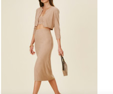 NEW $198 Reformation Janice Tan Three Piece Cardigan, Crop Top & Skirt Set XL