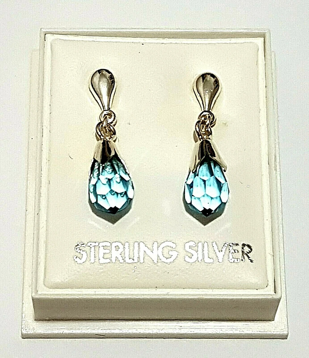 Sterling SilverAqua Pear Swarovski Elements Crystal Drop Earrings U K Made
