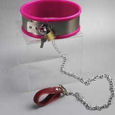 Stainless Steel Silicone Lockable Neck Collar Slave Bondage Restraint Chain BDSM