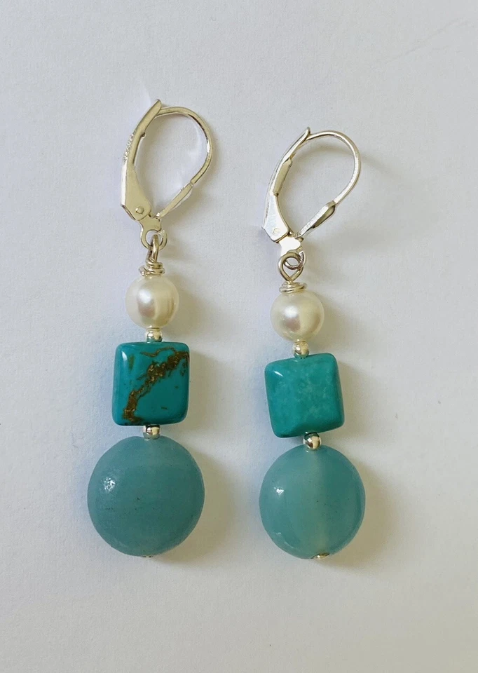 Sundance Sterling Silver Pearl Turquoise Aquamarine Bead Drop Dangle Earrings - Image 2 of 4
