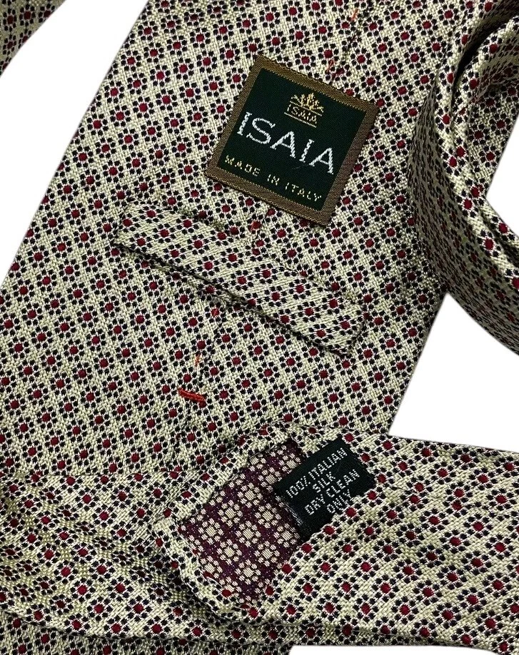 Gravata ISAIA SEM PONTA RARA Bege Floral Seda LUXO FEITA À MÃO ITÁLIA - Imagem 4 de 4