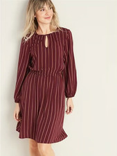NWT Old Navy Waist-Defined Keyhole Long Sleeve Dress for Women Red Stripes