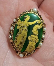 Vintage green/gold ova glass oval slide pendant w/woman & flame, faux pearls