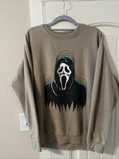 Scream Ghostface Killer Mask Sweatshirt Tan/Brown Halloween Large Long Sleeve