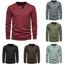 Casual Solid Color Henley Collar Men's Pullover Long Sleeve T Shirt Top