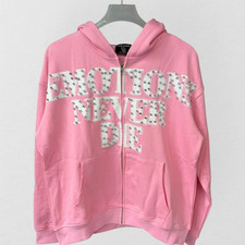 NEW Mixed Emotion "End" Pink Graphic Rhinestone Pullover Hoodie Zip-Up Cotton