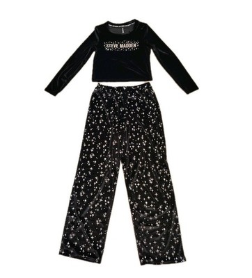 Steve Madden 2 Piece Pajama Set Women's Small Velour Black Silver Shiny Accent