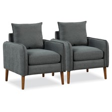 2PCS Modern Accent Chair Upholstered Mid-Century Armchair w/ Rubber Wood Legs