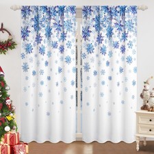 Christmas Curtains - 2 Panel Set, 84" L x 52" W, White with Blue Snowflake Pa...
