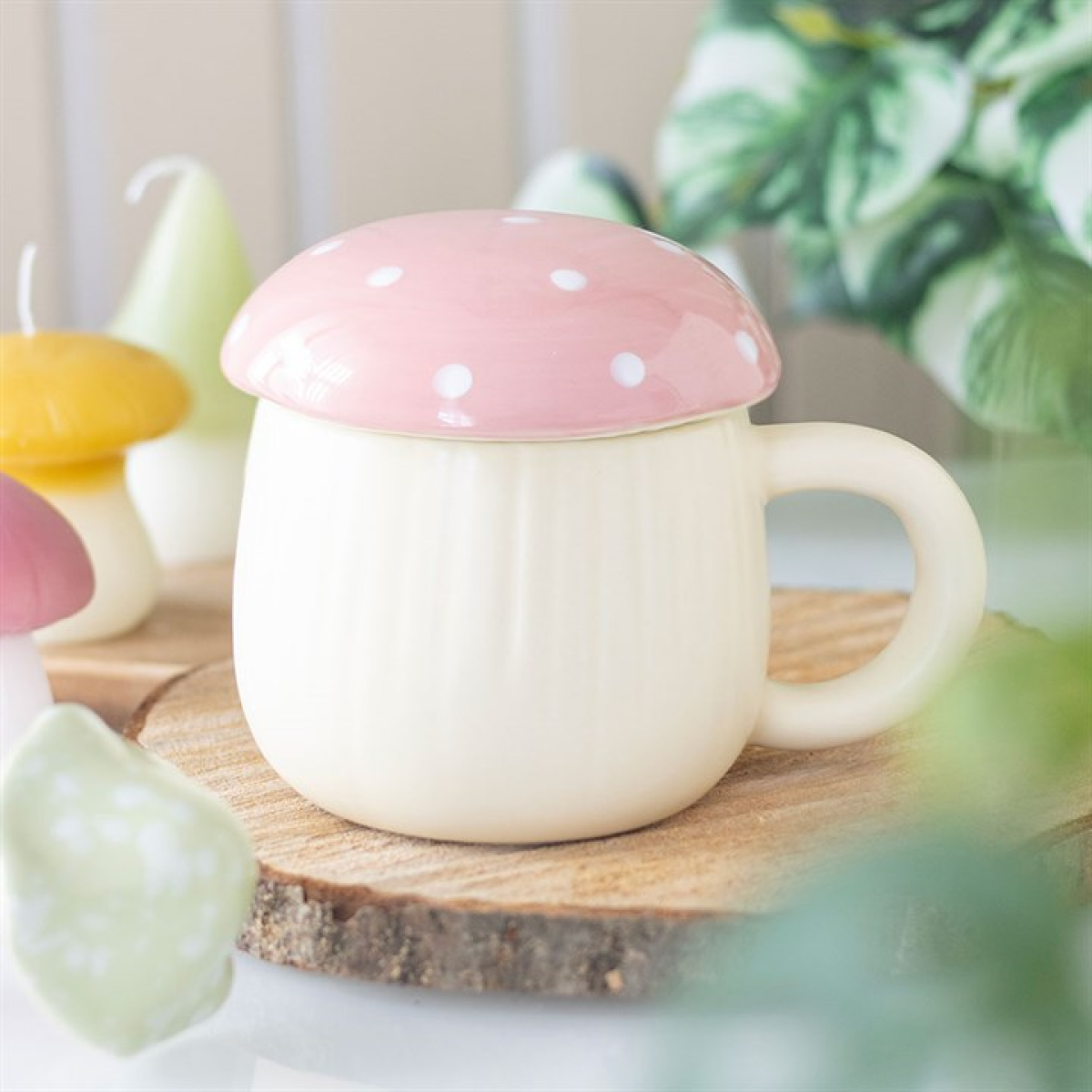 Pink Enchanted Mushroom Shaped Lidded Ceramic Coffee Mug