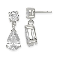 Sterling Silver Polished Cubic Zirconia Pear Shaped Drop  Dangle Earrings