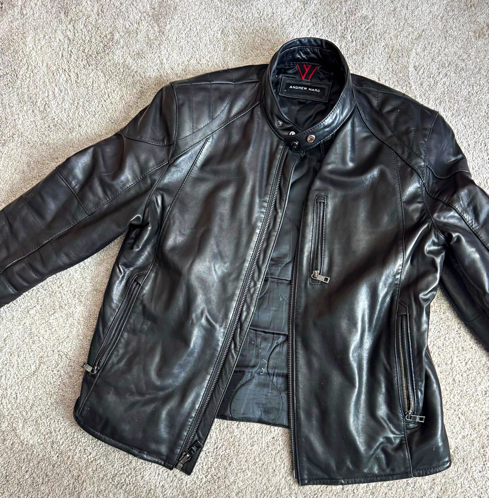Andrew Marc Black Lambskin Leather Moto Jacket – Men’s Medium - product detail image 1