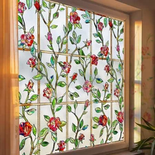 Stained Glass Window Privacy Film: 3D Rose Floral Decorative Frosted Static Clin