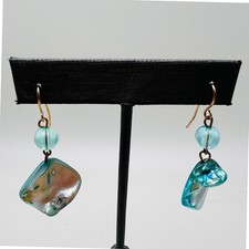 Artisan Shell Drop Earrings Blue Bead Gold Tone Fish Hook Coastal Boho Dangle