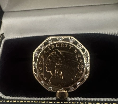 Vintage $5 Indian Head Gold 15.71 grams Ring w/ Diamond Halo – Rare Luxury Ring
