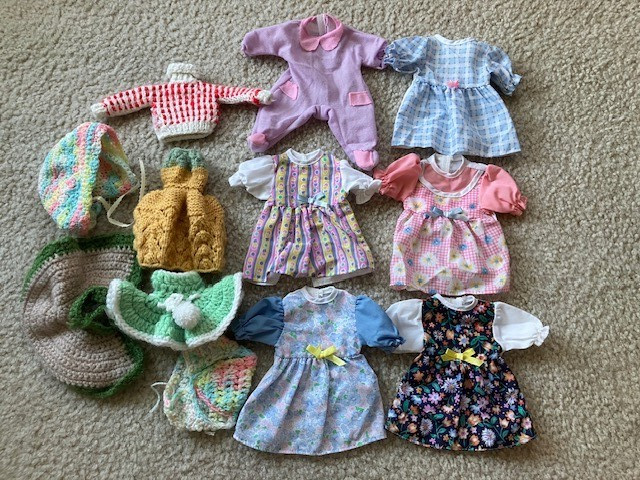 Handmade Knitted Sewn Vintage Doll 7" Dresses, Clothing Lot of 12 Various Sizes