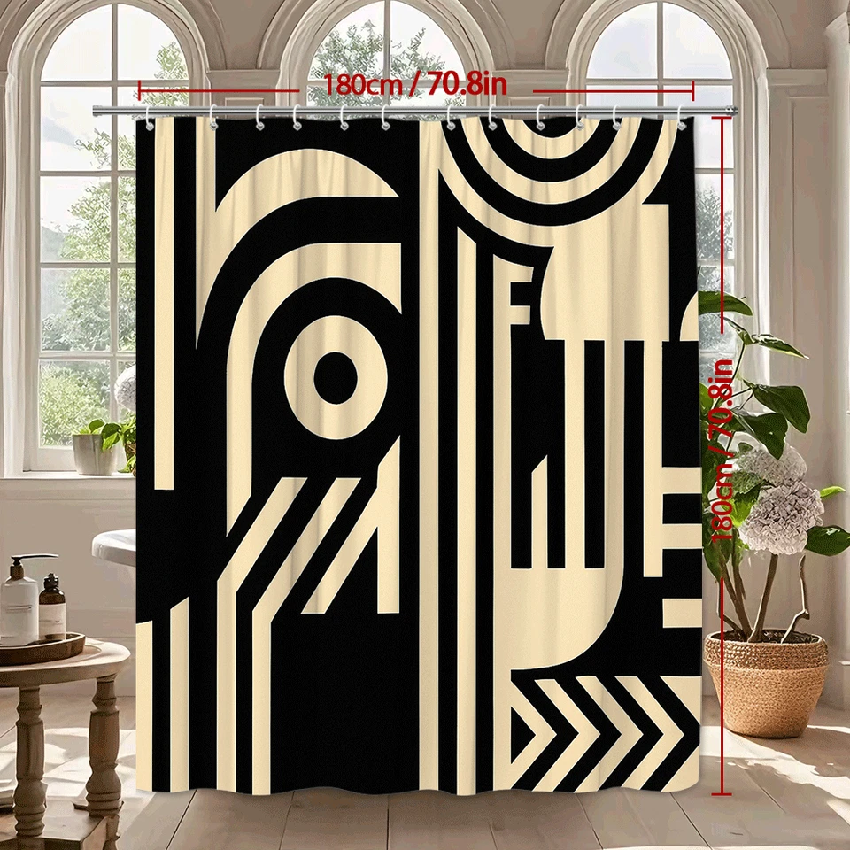 Cortina de ducha moderna en blanco y negro con diseño geométrico Foto 3 de 4